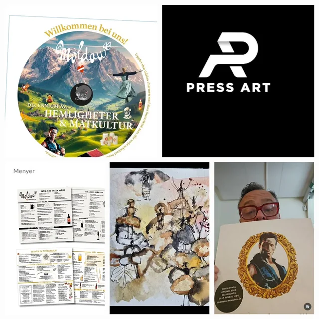 Collage med Moldau-skivan Willkommen bei uns, Press Arts logotyp, menyer och ett illustrerat porträtt