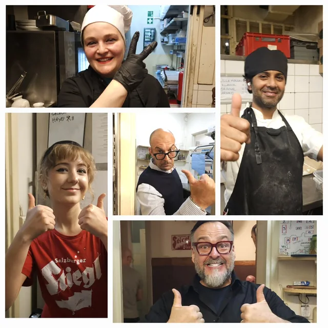 Collage av restaurangteamet som ler och ger tummen upp
